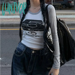 Lunivop Vintage Letter Patchwork Tshirts Autumn Y2K Fashion Harajuku Women Long Sleeve Top Korean