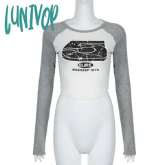 Lunivop Vintage Letter Patchwork Tshirts Autumn Y2K Fashion Harajuku Women Long Sleeve Top Korean