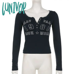 Lunivop Vintage Letter Print T-Shirt Casual Basics Slim Long Sleeve T-Shirts Grunge Y2K Aesthetic
