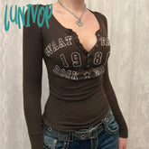 Lunivop Vintage Letter Print T-Shirt Casual Basics Slim Long Sleeve T-Shirts Grunge Y2K Aesthetic