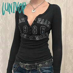 Lunivop Vintage Letter Print T-Shirt Casual Basics Slim Long Sleeve T-Shirts Grunge Y2K Aesthetic