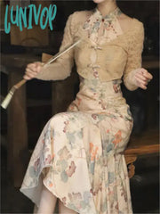 Lunivop Vintage Long Dress Women Flower Printed Chinese Style Elegant Bodycon Dresses Lady Lace-Up