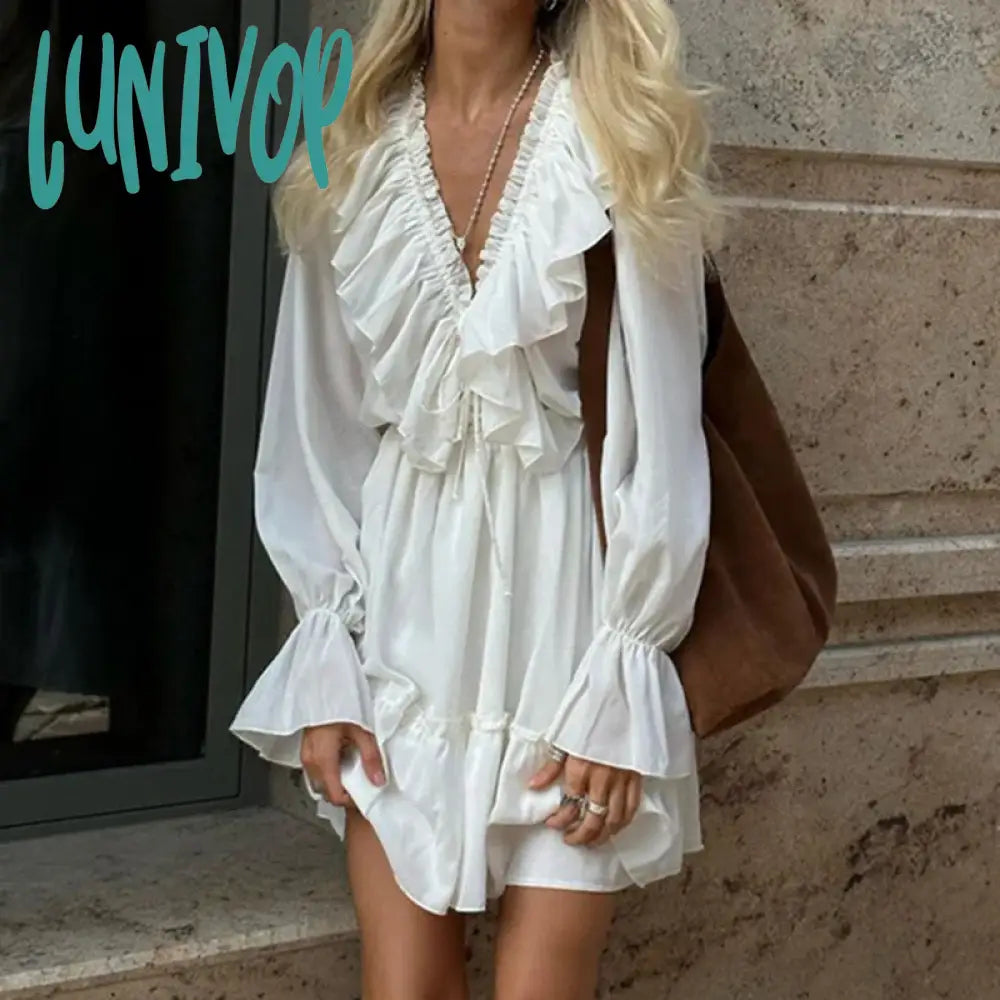 Lunivop Vintage Long Sleeves Tunic Waist Dresses For Women Fairy V Neck Ruffles White Mini Dress