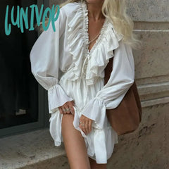 Lunivop Vintage Long Sleeves Tunic Waist Dresses For Women Fairy V Neck Ruffles White Mini Dress