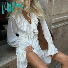 Lunivop Vintage Long Sleeves Tunic Waist Dresses For Women Fairy V Neck Ruffles White Mini Dress