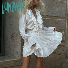 Lunivop Vintage Long Sleeves Tunic Waist Dresses For Women Fairy V Neck Ruffles White Mini Dress