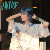 Lunivop Vintage Map Print Summer Long Blouse Shirt For Women Ladies Loose Clothes Top Alt Clothing