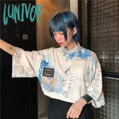 Lunivop Vintage Map Print Summer Long Blouse Shirt For Women Ladies Loose Clothes Top Alt Clothing