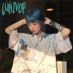 Lunivop Vintage Map Print Summer Long Blouse Shirt For Women Ladies Loose Clothes Top Alt Clothing