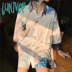 Lunivop Vintage Map Print Summer Long Blouse Shirt For Women Ladies Loose Clothes Top Alt Clothing