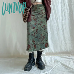Lunivop Vintage Newspaper Letter Print High Waist Long Skirt Women Distressed Harajuku Slim Pencil