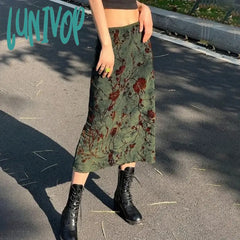 Lunivop Vintage Newspaper Letter Print High Waist Long Skirt Women Distressed Harajuku Slim Pencil