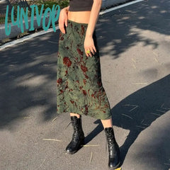 Lunivop Vintage Newspaper Letter Print High Waist Long Skirt Women Distressed Harajuku Slim Pencil