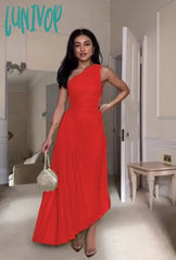 Lunivop Vintage Off Shoulder Irregular Pleated Midi Dress Women Chic Diagonal Collar Puffy Hem