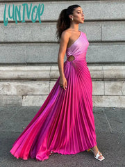 Lunivop Vintage Off Shoulder Irregular Pleated Midi Dress Women Chic Diagonal Collar Puffy Hem