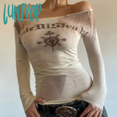 Lunivop Vintage Off Shoulder T Shirts Women Harajuku Fashion Goth Grunge Graphic Crop Tops Trashy