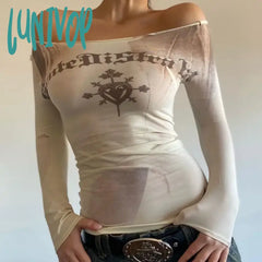Lunivop Vintage Off Shoulder T Shirts Women Harajuku Fashion Goth Grunge Graphic Crop Tops Trashy