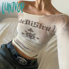 Lunivop Vintage Off Shoulder T Shirts Women Harajuku Fashion Goth Grunge Graphic Crop Tops Trashy