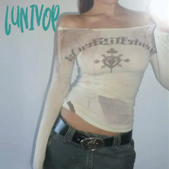 Lunivop Vintage Off Shoulder T Shirts Women Harajuku Fashion Goth Grunge Graphic Crop Tops Trashy