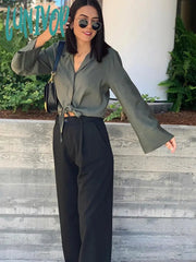 Lunivop Vintage Office Lady Solid Women Suits Long Sleeve Bow Shirts Tops + Side Split Pleated