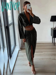 Lunivop Vintage Office Lady Solid Women Suits Long Sleeve Bow Shirts Tops + Side Split Pleated