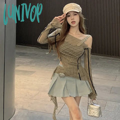 Lunivop Vintage One Shoulder Knit Slim Fit Irregular Hem T Shirt Korean Grunge Y2K Crop Tops Summer