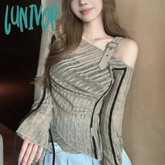 Lunivop Vintage One Shoulder Knit Slim Fit Irregular Hem T Shirt Korean Grunge Y2K Crop Tops Summer