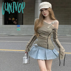 Lunivop Vintage One Shoulder Knit Slim Fit Irregular Hem T Shirt Korean Grunge Y2K Crop Tops Summer