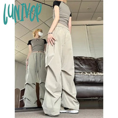 Lunivop Vintage Parachute Pants Women Black Baggy Y2K Streetwear Korean Fashion Pleated Cargo