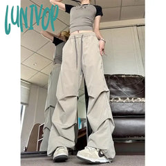Lunivop Vintage Parachute Pants Women Black Baggy Y2K Streetwear Korean Fashion Pleated Cargo