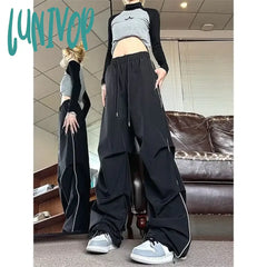 Lunivop Vintage Parachute Pants Women Black Baggy Y2K Streetwear Korean Fashion Pleated Cargo