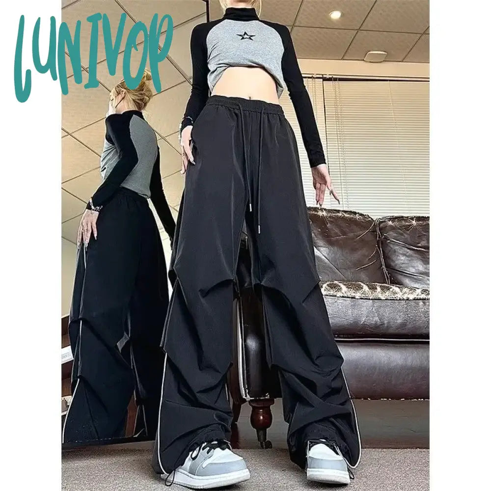 Lunivop Vintage Parachute Pants Women Black Baggy Y2K Streetwear Korean Fashion Pleated Cargo