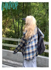 Lunivop Vintage Plaid Blouse Women Korean Style Kpop Button Shirts Harajuku Fashion Outerwear