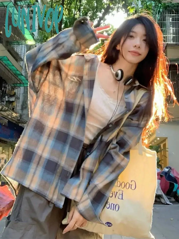 Lunivop Vintage Plaid Blouse Women Korean Style Kpop Button Shirts Harajuku Fashion Outerwear