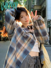 Lunivop Vintage Plaid Blouse Women Korean Style Kpop Button Shirts Harajuku Fashion Outerwear