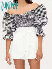 Lunivop Vintage Plaid Cropped Shirts For Women 2024 Spring Summer New V-Neck Long Sleeve Pullover