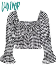 Lunivop Vintage Plaid Cropped Shirts For Women 2024 Spring Summer New V-Neck Long Sleeve Pullover