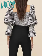 Lunivop Vintage Plaid Cropped Shirts For Women 2024 Spring Summer New V-Neck Long Sleeve Pullover