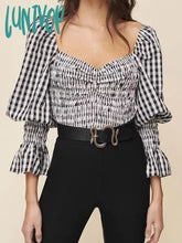 Lunivop Vintage Plaid Cropped Shirts For Women 2024 Spring Summer New V-Neck Long Sleeve Pullover