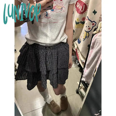 Lunivop Vintage Plaid Mini Skirt Women Preppy Kawaii Ruffles Ball Gown Skirts Summer Japanese