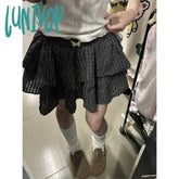 Lunivop Vintage Plaid Mini Skirt Women Preppy Kawaii Ruffles Ball Gown Skirts Summer Japanese
