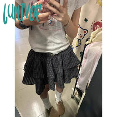 Lunivop Vintage Plaid Mini Skirt Women Preppy Kawaii Ruffles Ball Gown Skirts Summer Japanese