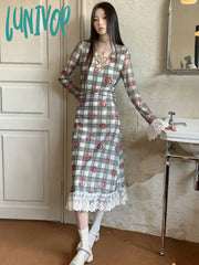 Lunivop Vintage Plaid Print Midi Dresses 2024 New Elegant Lace Spliced Birthday Vestidos Women