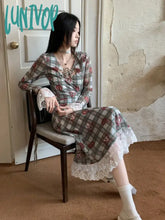 Lunivop Vintage Plaid Print Midi Dresses 2024 New Elegant Lace Spliced Birthday Vestidos Women