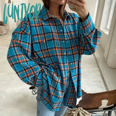 Lunivop Vintage Plaid Shirt Loose Long Sleeve Woman‘s Blouses 2024 Spring Autumn Casual Fashion