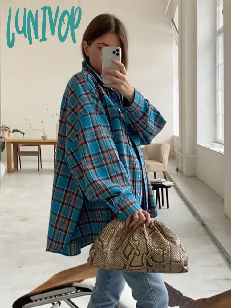Lunivop Vintage Plaid Shirt Loose Long Sleeve Woman‘s Blouses 2024 Spring Autumn Casual Fashion