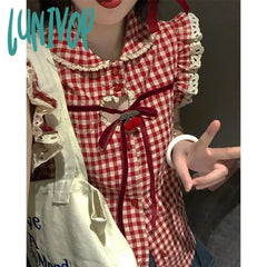 Lunivop Vintage Plaid Shirts Women Japanese Kawaii Bow Hollow Out Blouses Summer Harajuku Korean