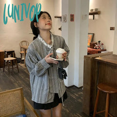 Lunivop Vintage Plaid Shirts Women Sweet Cute Bow Bandage Long Sleeve Blouses Korean Elegant Lace