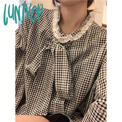 Lunivop Vintage Plaid Shirts Women Sweet Cute Bow Bandage Long Sleeve Blouses Korean Elegant Lace