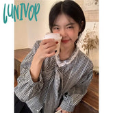 Lunivop Vintage Plaid Shirts Women Sweet Cute Bow Bandage Long Sleeve Blouses Korean Elegant Lace